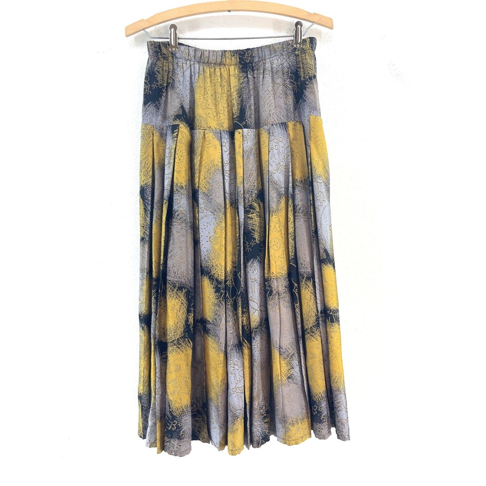 Vintage 90s Midi Skirt S Yellow Grey Mandala Boho Coastal Cowgirl Made in USA